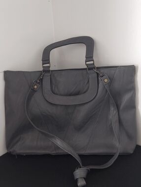 Structured Grey Leather Tote with Top Handles and Detachable Strap